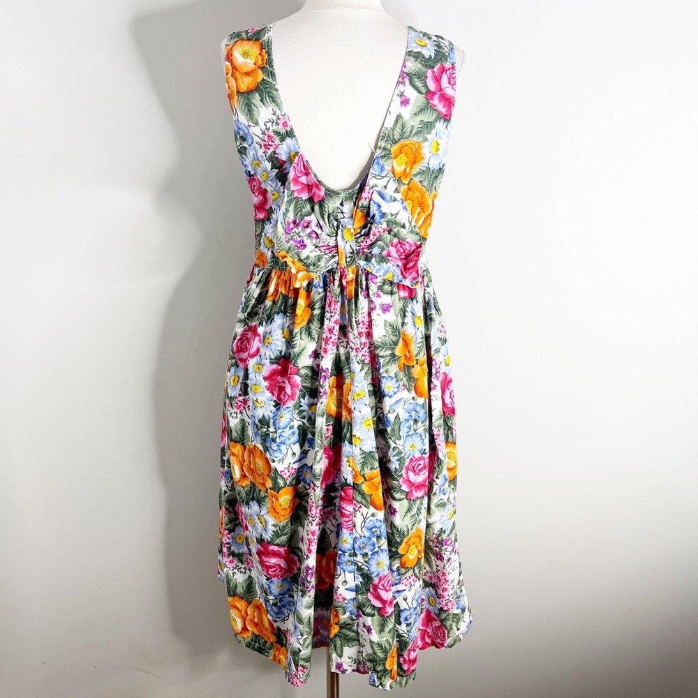 Vintage Floral Button Front Midi Dress Sleeveless Bow Back Cottagecore Summer - Picture 4 of 5